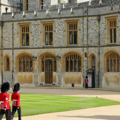 Windsor Castle guards in ceremonial uniform on duty in the Quadrangle