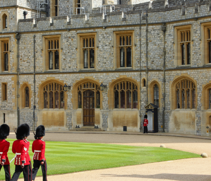 Windsor Castle guards in ceremonial uniform on duty in the Quadrangle