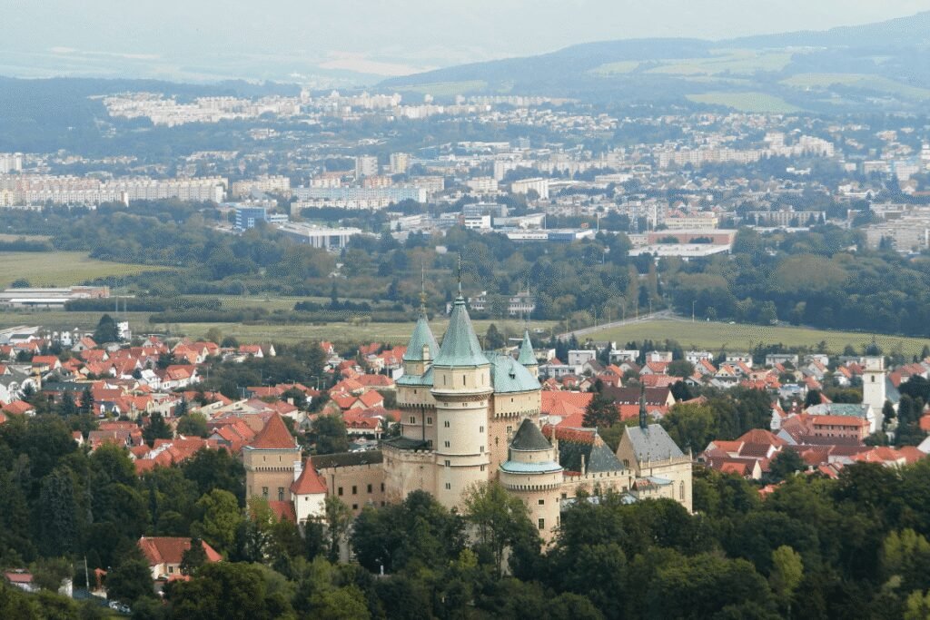 Bojnice Castle surrounded by forests and townscape in Slovakia
