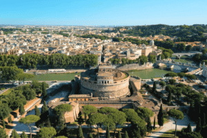 Aerial view of Castel Sant'Angelo, Rome with the Tiber river.