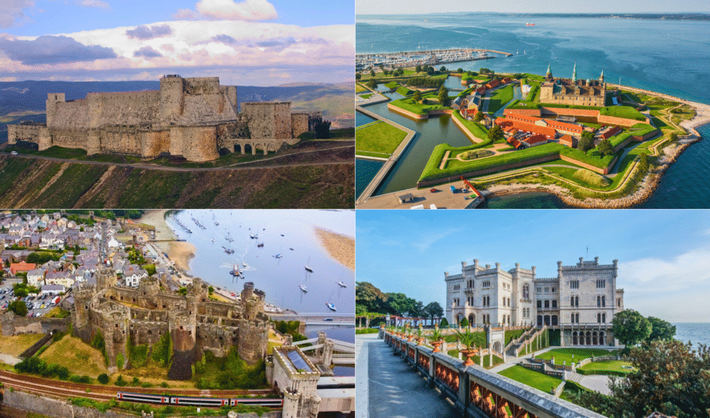 Collage of castles: Krak des Chevaliers, Kronborg, Conwy, and Miramare overlooking seas and towns.