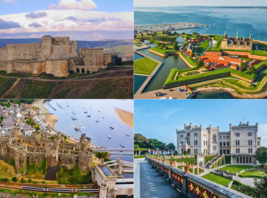 Collage of castles: Krak des Chevaliers, Kronborg, Conwy, and Miramare overlooking seas and towns.