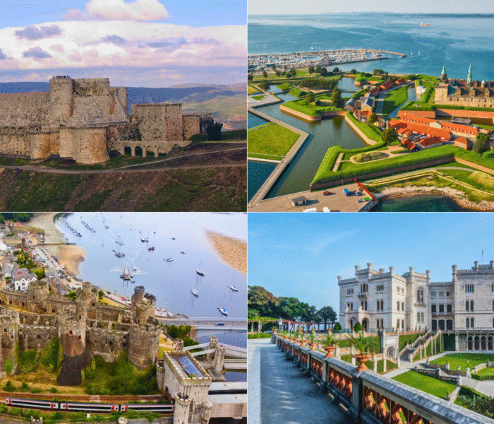 Collage of castles: Krak des Chevaliers, Kronborg, Conwy, and Miramare overlooking seas and towns.