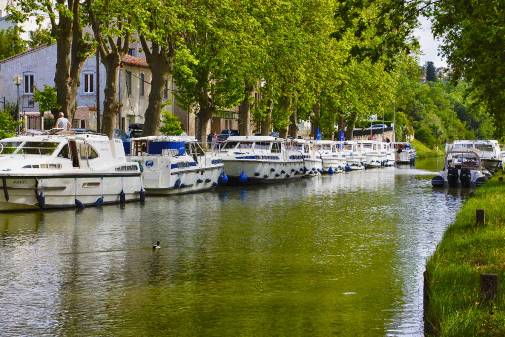 Boats moored under trees on Canal du Midi waterway