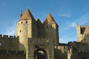 Stone towers and gate of Carcassonne Castle under blue sky