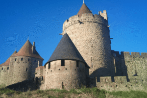 Stone towers and walls of Carcassonne castle under clear blue sky
