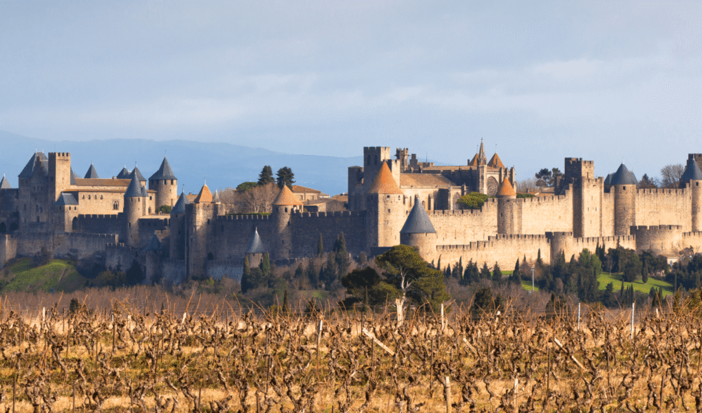View of Carcassonne Castle, a medieval fortress, under sunlight with vineyards in the foreground.