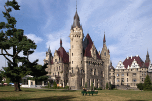 Moszna Castle stands as a stunning example of architecture in Poland’s lush countryside.