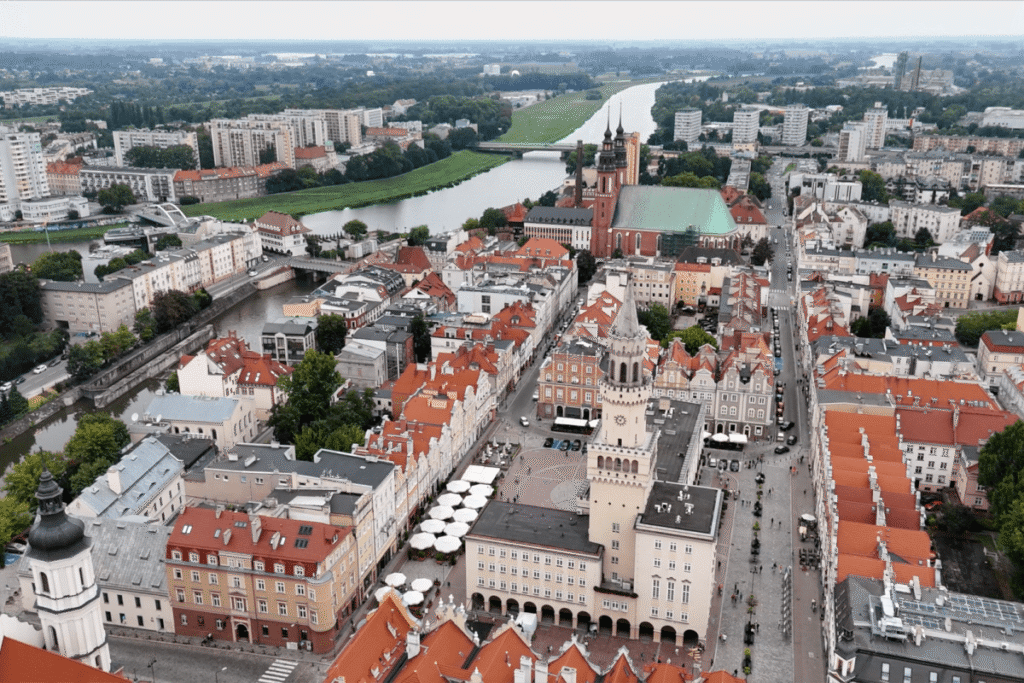 Opole Old Town with colorful rooftops and the river, historic city center in Poland.