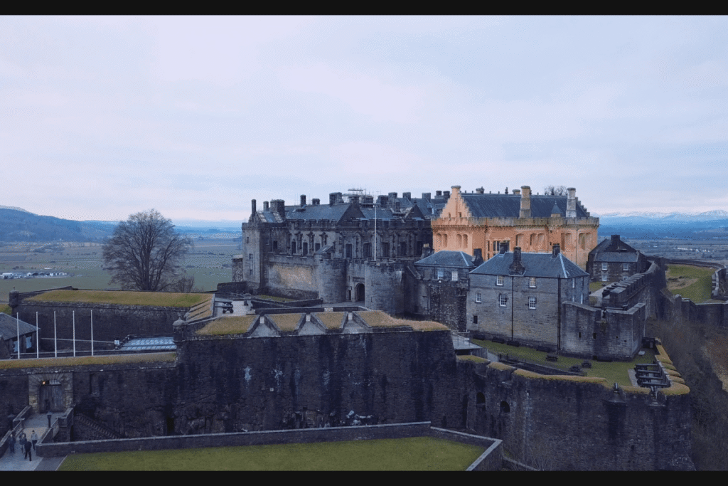 Stirling Castle fortress on a hilltop in Scotland, overlooking the countryside.