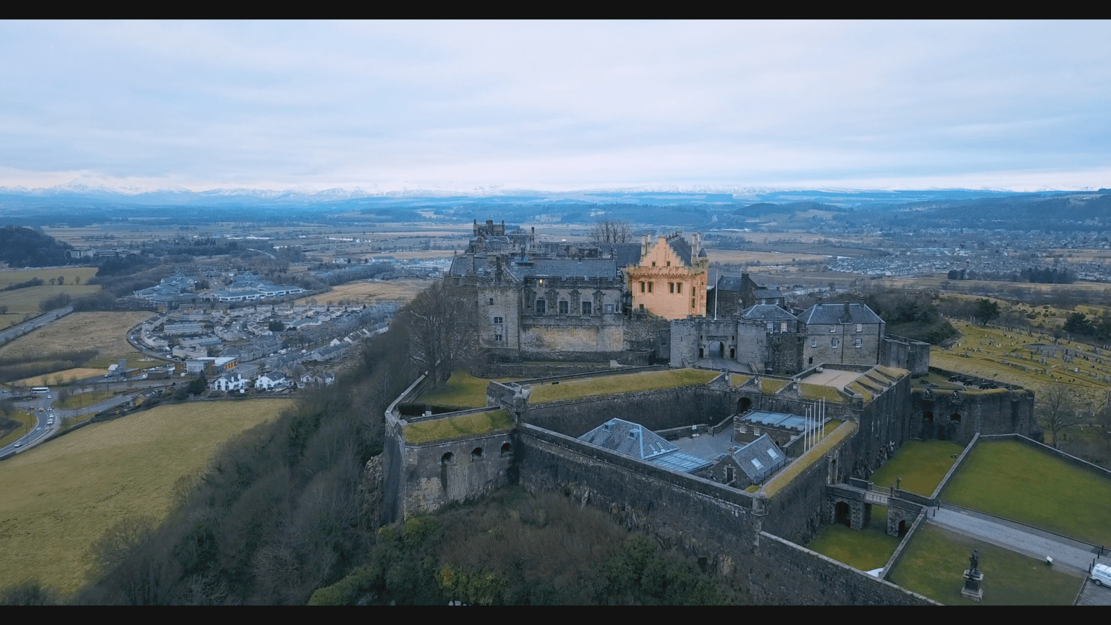 Aerial view of Stirling Castle dominating the Scottish Highlands landscape