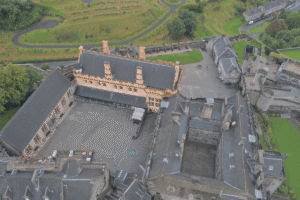 Aerial photo of Stirling Castle courtyard and grand hall in Scotland