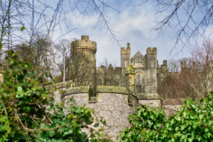 Arundel Castle towers and flint walls framed by winter trees in West Sussex, England.