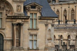Chantilly Castle close-up of ornate stone columns and windows