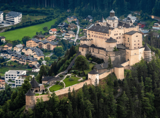 Aerial view of Hohenwerfen Castle above Werfen, Austria