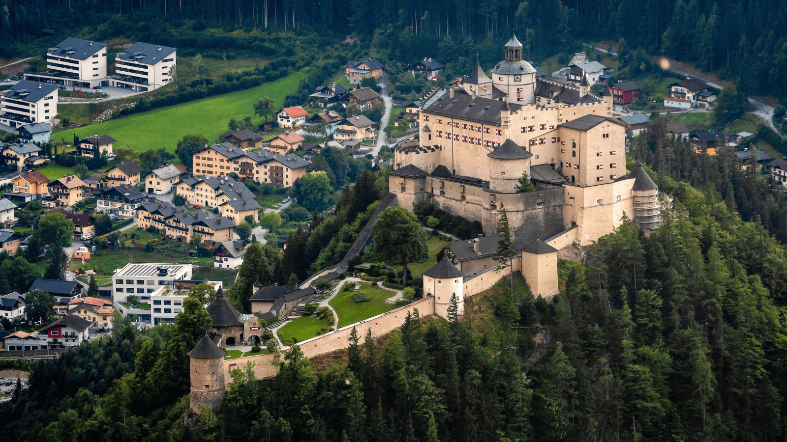 Aerial view of Hohenwerfen Castle above Werfen, Austria