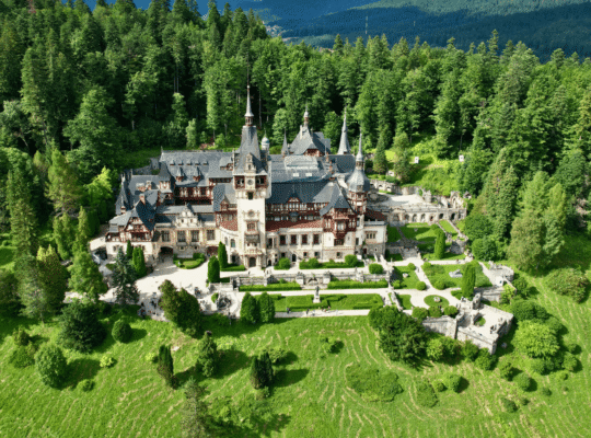 Aerial view of Peleș Castle in Sinaia, Romania, surrounded by forested Carpathian mountains and landscaped gardens.
