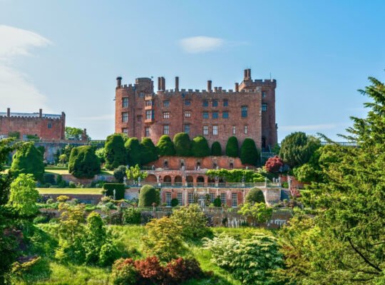 Powis Castle and terraced gardens framed by trees
