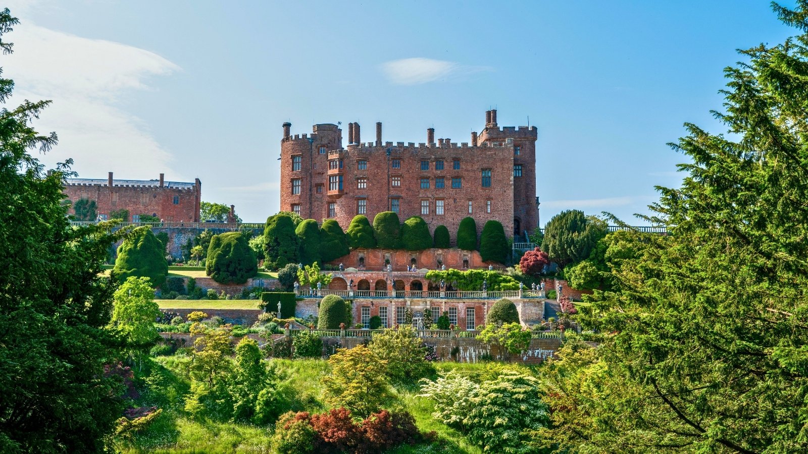 Powis Castle and terraced gardens framed by trees