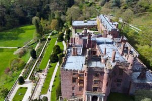 Aerial shot of Powis Castle and terraced gardens