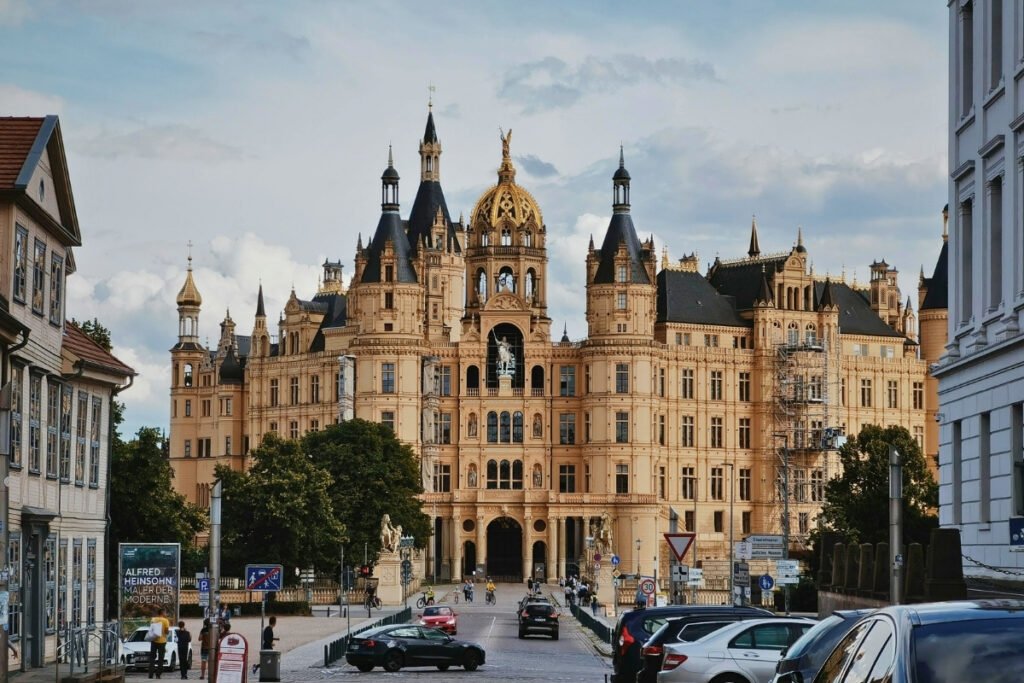 Schwerin Castle façade and spires by lakeside