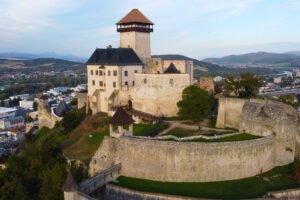 Aerial view of Trencin Castle on hill above town