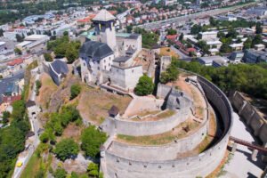 Aerial view of Trenčín Castle on hill above town