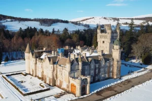 Balmoral Castle aerial view surrounded by snow