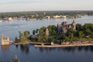 Aerial view of Boldt Castle and waterfront on Heart Island