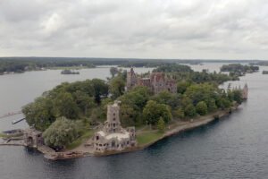 Aerial view of Boldt Castle on tree-covered Heart Island, Thousand Islands