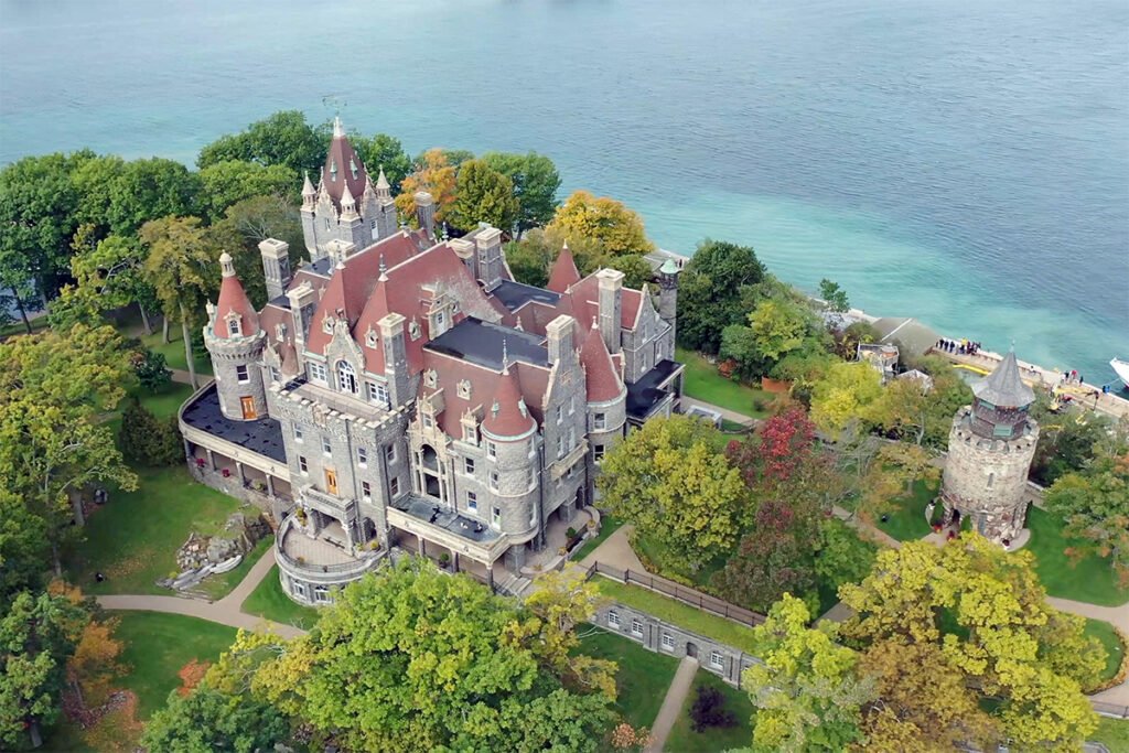 Aerial view of Boldt Castle on Heart Island, waterfront