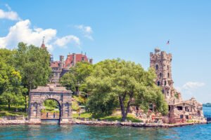 Boldt Castle from waterfront through arch and trees