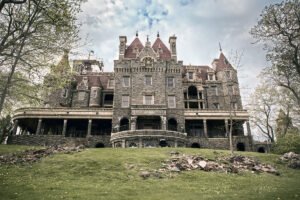 Boldt Castle grand stone facade viewed from grassy slope