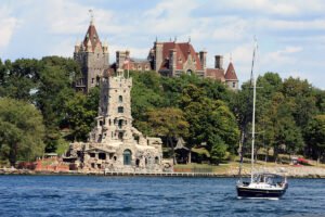Boldt Castle waterfront view with sailboat