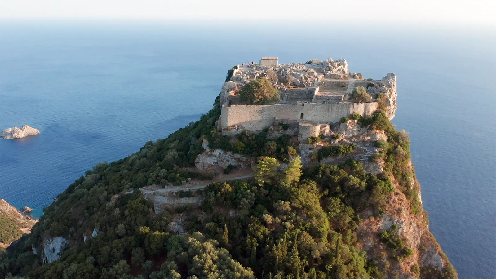 Aerial view of Castello bizantino di Angelokastro on cliff