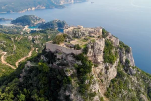 Aerial view of Castello bizantino di Angelokastro on rocky promontory