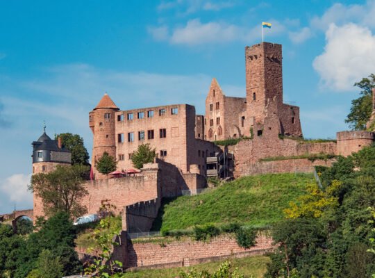 Castle Wertheim ruins on a sunlit hillside overlooking greenery