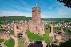 Castle Wertheim ruins above town and river