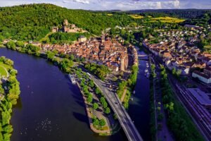 Aerial view of Castle Wertheim above town and river