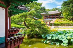 Changdeokgung Palace pavilion and lotus pond framed by trees