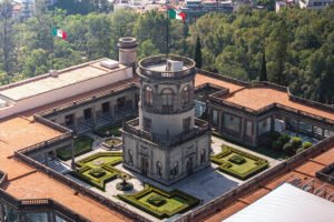 Aerial view of Chapultepec Castle tower and gardens