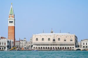 Doge's Palace facade beside St. Mark's Campanile, Venice waterfront