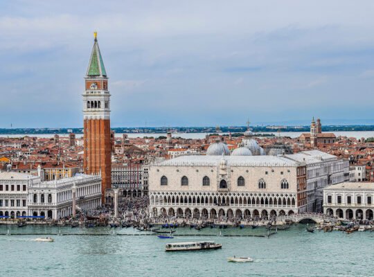Aerial view of Doge's Palace beside St. Mark's Campanile, Venice waterfront