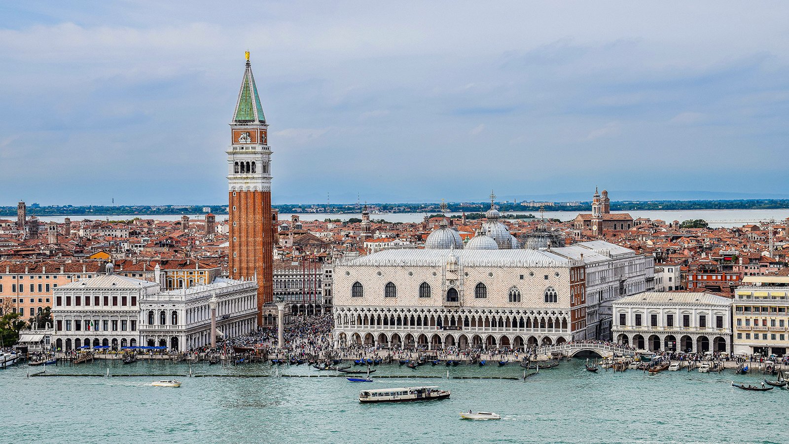 Aerial view of Doge's Palace beside St. Mark's Campanile, Venice waterfront