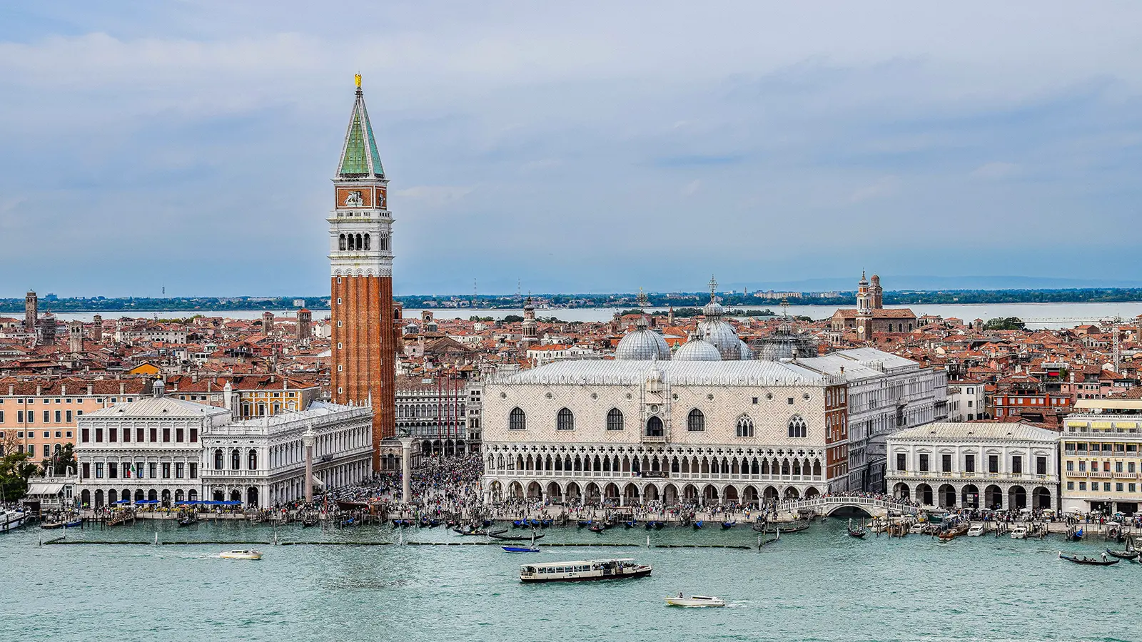 Aerial view of Doge's Palace beside St. Mark's Campanile, Venice waterfront