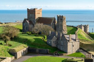 Aerial view of Dover Castle on coastal cliffs