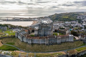 Aerial view of Dover Castle above coastline