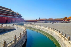 Panoramic view of Forbidden City courtyard and marble canal