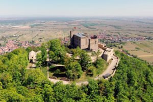 Aerial view of Hambach Castle atop green hill overlooking vineyards and village
