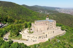 Aerial view of Hambach Castle on wooded hill